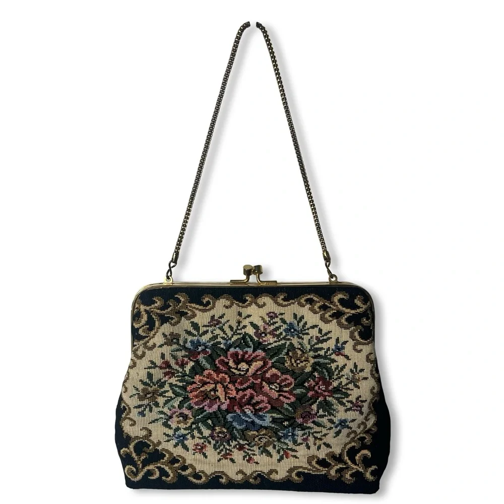 Vintage Floral Tapestry Kisslock Clutch Chain Strap Black‎ Gold 50s 60s